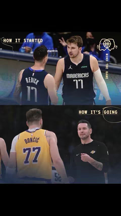 The image is a split frame featuring two basketball scenes. The top half shows two players, one in a blue and black 'Mavericks' jersey and the other in a similar jersey. Text overlays read 'HOW IT STARTED'.  The bottom half shows the same players in different jerseys: the 'Lakers' with the text 'HOW ITS GOING'. Colors are dominated by dark blues, yellows, and black, with the players facing each other.