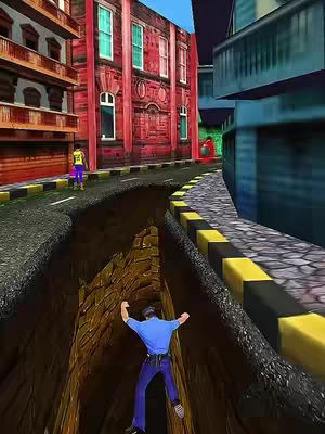 A screenshot from a smartphone game displays a chase scene in a city alleyway. The foreground features a character falling into a chasm in the middle of the street, while a law enforcement officer attempts to catch him, and another person is walking on the sidewalk. The setting includes buildings with red and blue tones, with a sky in the background.