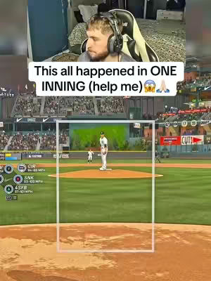The cover image shows a split view. The top half features a man wearing headphones, looking at the camera, likely in his gaming setup. The bottom half captures a screenshot of a baseball game, with players on the field and the stadium in the background. A white rectangular overlay frames the baseball field view.