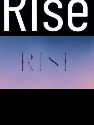 The image is divided into three horizontal sections. The top section displays the word "RISE" in large, bold, white sans-serif font against a black background. The middle section features an gradient of purple and blue with the text RISE in thin characters on the bottom. The images use simple color scheme in the design.