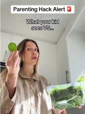 A woman with long blonde hair holds a lime and a package of greens. Text overlays read Parenting Hack Alert and What your kid sees VS...
