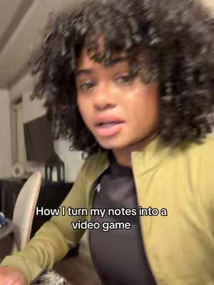 A woman with curly hair, wearing a yellow and black jacket, is looking at the camera. Text overlay reads: "How I turn my notes into a video game"