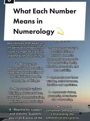 The cover image is a vertical graphic with a gradient blue background fading into a darker blue. White text at the top reads "What Each Number Means in Numerology". The text below outlines the meaning of each number, numbered 2 to 9.