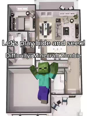 The cover image shows a top-down view of a house layout with text overlays and a Minecraft zombie positioned in the center. The house interior is rendered in a 3D style with rooms and some furniture visible. Text at the top says, "Let's play hide and seek!" and below it, "Difficulty: Minecraft Zombie." The Minecraft zombie is a pixelated, green-skinned character with arms raised.