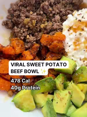 The cover image shows a close-up of a bowl filled with ingredients for a sweet potato beef bowl. In the center, there's a serving of ground beef. Surrounding the beef are orange chunks of sweet potato, white cottage cheese with a drizzle on top, and diced avocado. Text overlays at the bottom indicate the dish's name and nutritional information.