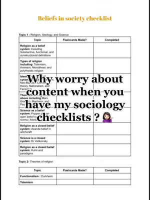 The cover image is a checklist titled 'Beliefs in society checklist'. It is a table with topics in the left column and space for flashcards and completion status. The main hook is a text overlay asking 'Why worry about content when you have my sociology checklists?' with a woman emoji next to it. The image is mostly white text on a white background.