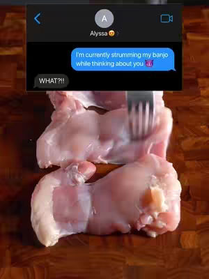 The image shows a screenshot of a text message and a raw meat preparation. The top half features a chat bubble conversation, while the bottom half displays several pieces of raw chicken on a wooden surface. A fork hovers over the meat.