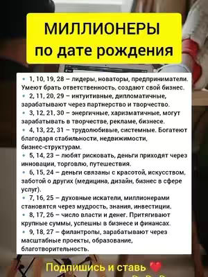 The image features a yellow rectangular box with the text "МИЛЛИОНЕРЫ по дате рождения". Below, bullet points list personality traits and income sources associated with different birth dates. It appears to be a numerology-based guide.