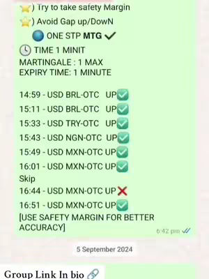 The image shows a screenshot of a WhatsApp chat with a light green background. The chat details trading signals for binary options. The content is organized in a list format including timestamps and trading instructions. Several lines show green checkmarks indicating successful trades and one shows a red X indicating loss. The image includes a date stamp at the bottom, and the overall layout resembles trading analysis notes.