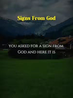 The image features a mountainous landscape with a dark, cloudy sky. Dominant colors include varying shades of green and brown for the land and mountains, complemented by a dark gray sky. Text overlays in yellow and white are placed across the frame, enhancing the devotional content.