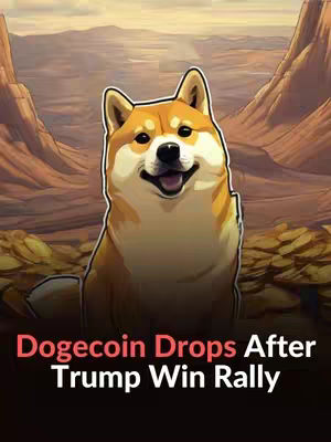 The cover image features a cartoon Shiba Inu dog with a smiling expression at the center. Behind the dog is a stylized desert landscape with canyon walls. The bottom portion of the image has text that says, 'Dogecoin Drops After Trump Win Rally' in a white font with a red outline, against a black background, which creates high contrast.