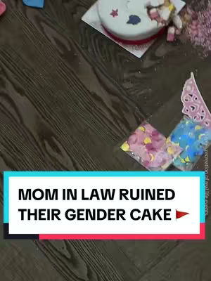 The cover image shows a low-angle view of a wooden floor, with the focus on a partially destroyed cake. The cake is white with red frosting around the base and appears to have been cut into, with some pieces scattered next to it. Pink and blue confetti (possibly for a gender reveal) and plastic containers of confetti are also seen on the floor. A text overlay at the bottom reads, 'MOM IN LAW RUINED THEIR GENDER CAKE'.