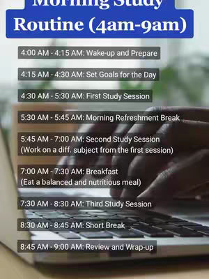 A vertical image with a study routine timetable overlaid on a black and white picture of a person typing on a laptop. The timetable is at the top, with text detailing the morning routine from 4 am to 9 am. A person's hands (likely the creator) are on a laptop.