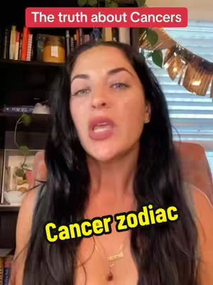 A woman with dark hair and light skin is centered in the frame, speaking directly to the camera. The background includes a bookshelf and some plants. Overlayed text is present at the top and bottom: "The truth about Cancers" and "Cancer zodiac".