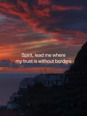 The image displays a sunset-tinged sky with rich colors ranging from deep reds to oranges and yellows. Below the sky, a dark silhouette of a cityscape or hillside is visible. White text is superimposed on the image.