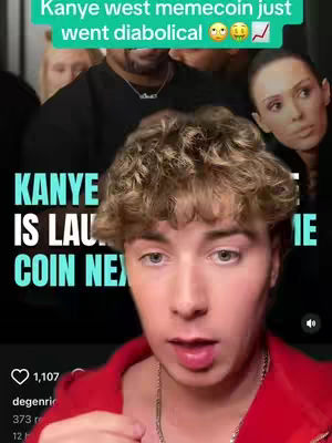 A young man with curly hair is the central focus, set against a background featuring images of Kanye West. The man is wearing a red jacket and appears to be speaking. Overlay text reads "Kanye west memecoin just went diabolical".