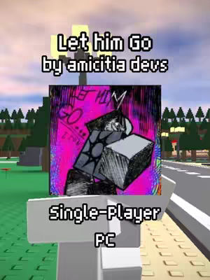 The cover image is a stylized, pixelated representation of a Roblox game scene. The foreground features a large, rectangular sign held by a blocky figure representing a user, with the text "Single-Player" and "PC" in a pixelated font at the bottom. The center of the image has a drawing of a person with a cube body over a pink and purple background. Behind the figure is a landscape with green stylized tree and a sky background.