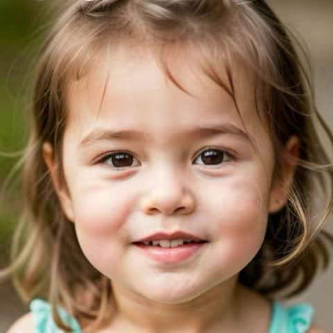 A close-up shot of a young child with fair skin, brown eyes, and light-brown hair. The child is smiling, with a hint of a gap in their teeth. They are wearing a light-blue top. The background is slightly blurred, suggesting an outdoor setting.