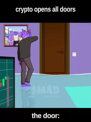 A meme featuring a cartoon character resembling a cat in formal attire standing at the edge of what appears to be a flooded interior. The character is looking towards a closed door, with text overlaying the image. The background includes a framed picture and a chart.