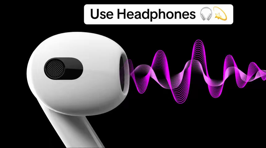 The image shows a white earbud on the left, against a black background. To the right of the earbud, a wave-like pattern in purple is shown. A white box at the top contains the text "Use Headphones" with an emoji of a pair of headphones next to a star.