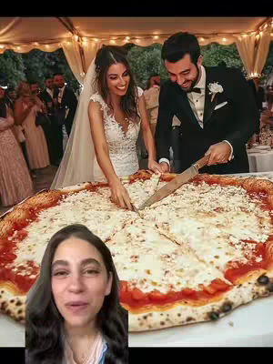 A woman's face is overlaid on a larger image of a wedding reception. In the main image, a bride and groom are cutting a giant round pizza. The crowd is blurred in the background with string lights over the tent. The overlay shows the woman with a neutral expression.