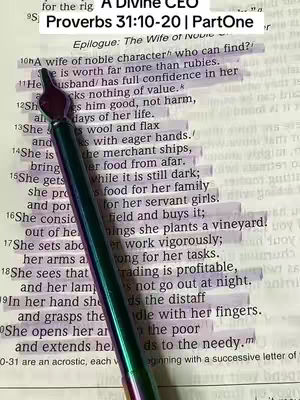The cover image shows an open Bible with highlighted text and a pen resting on it. The pen is dark with a metallic, iridescent sheen. The page is from Proverbs 31, and text is highlighted in a light, pastel color.
