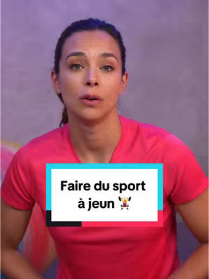 A woman with brown hair wearing a pink shirt stands in front of a blurred background. A text box overlay with the phrase "Faire du sport à jeun" is positioned across her chest. The woman has a serious expression, and a medical symbol is in the lower right of the text overlay