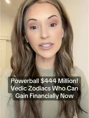 A woman with long, wavy brown hair is centered in the frame, looking directly at the camera. She has fair skin, light makeup, and is wearing a light green top. A dark, rectangular text overlay at the bottom of the image reads: "Powerball $444 Million! Vedic Zodiacs Who Can Gain Financially Now."