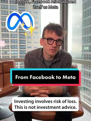 A man in glasses is sitting on a brown leather chair in front of a window displaying a city view. The image includes overlaid text in the form of a hook and text detailing the information about the changes of Facebook to Meta.