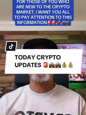 A man is centered in the frame, with his upper body visible. He wears a white shirt and a black cap. The background is a wooden wall. Overlaying the image are multiple text elements. The main text is in a white rectangle that reads "TODAY CRYPTO UPDATES". Above this is a blue rectangle with white text that reads "FOR THOSE OF YOU WHO ARE NEW TO THE CRYPTO MARKET, I WANT YOU ALL TO PAY ATTENTION TO THIS INFORMATION".