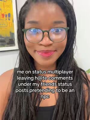 A young woman with dark hair and glasses smiles at the camera. Text overlays detail comments made on social media.