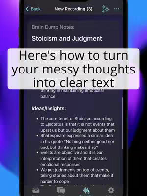 A mobile phone screen displaying an app interface with the title 'Brain Dump Notes' and the sub-category 'Stoicism and Judgment'. Overlaying the screen is a white rectangle with the text 'Here's how to turn your messy thoughts into clear text'. The background suggests a mix of purple and black.
