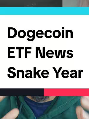 The cover image is a vertical graphic with text overlayed on a background that includes the creator's upper body. The background is divided into sections: a turquoise band at the top, a white rectangular area in the middle that houses the text, and then an area with a blurred shot of the creator. The text overlay consists of three lines: "Dogecoin", "ETF News", and "Snake Year", all in bold black font against the white background. The creator is wearing a green hoodie.