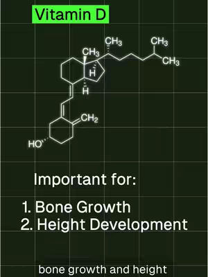 A green background with a grid pattern. In the upper portion, there's a green rectangle with 'Vitamin D' in white text. Below, a chemical structure diagram of Vitamin D is displayed in white lines, along with the text: 'Important for: 1. Bone Growth 2. Height Development' in white. At the very bottom, in white, there is a line of text 'bone growth and height'.