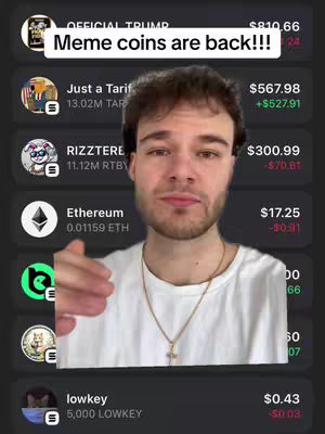 A man with a medium skin tone is centered in the frame, framed against a dark background overlaid with app icons and data. The overlaid text bubble above the man reads, "Meme coins are back!!!". The man is looking at the camera, gesturing with one hand.