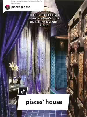 A room with blue tiles floor on the bottom with white text on it. On the right, a dark wodden door with carvings on it. On the left, some purplish curtains that goes up to the ceiling with a chandelier-like lamp and some text overlay on it. A flower is being placed on the table. Black tiktok logo on the white box that contains text.