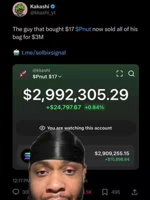 The cover image is a screen capture of a tweet showing a man's face at the bottom with a money-related post above it. The tweet is from Kakashi, mentioning that someone sold their $Pnut for $3M. The background is a mix of dark and light green shades, with financial details displayed prominently.