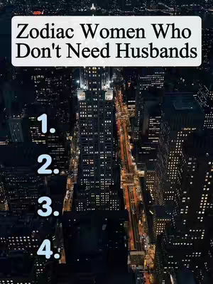 An aerial night view of a city with buildings, with text "Zodiac Women Who Don't Need Husbands" in a white rectangle in the top. Below the text, there are numbers 1 to 4 in white.