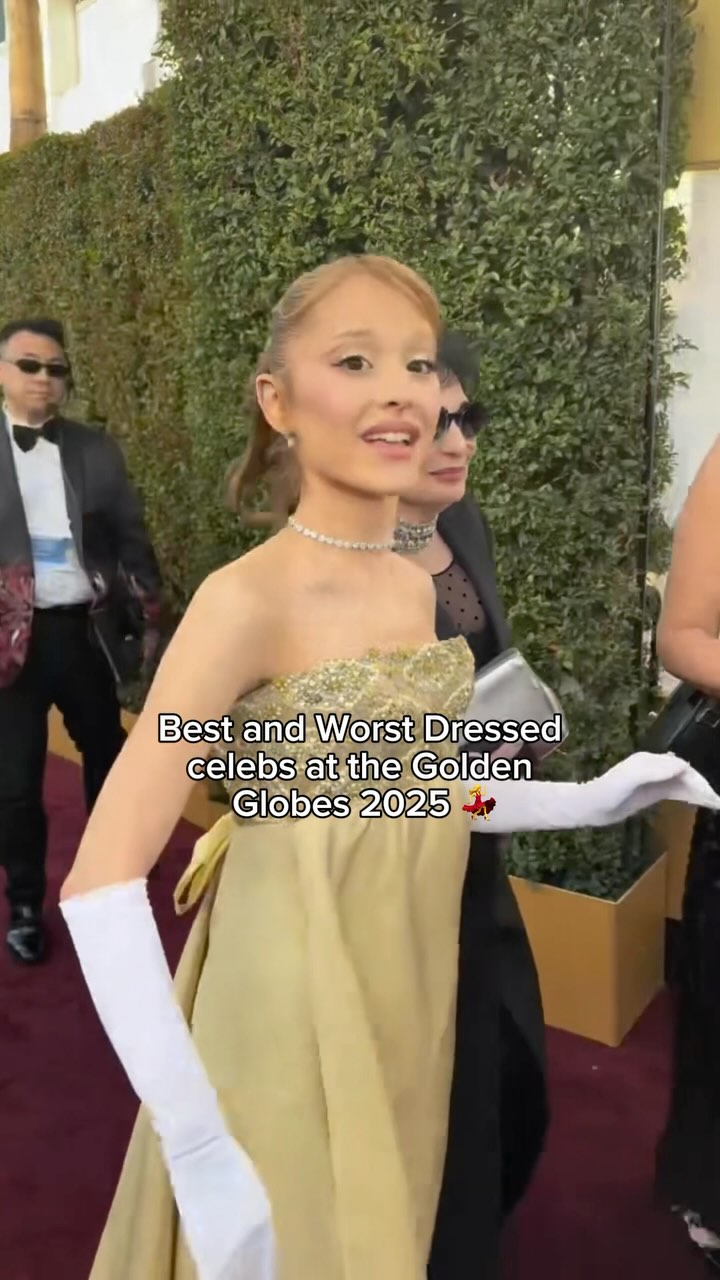 The cover image shows a woman in a gold dress on a red carpet, possibly at the Golden Globes. A text overlay reads, 'Best and Worst Dressed celebs at the Golden Globes 2025.' The woman is smiling and wearing long white gloves. Other people are walking behind her.