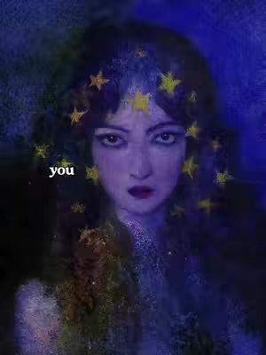 An artistic depiction of a woman with a dark, dreamy look. The woman's face is in the center in a 3/4 view. The background is composed of blue and dark shades, with star-shaped objects in yellow and gold scattered throughout around the woman's face and in her hair. The overall effect has a surreal, ethereal quality.