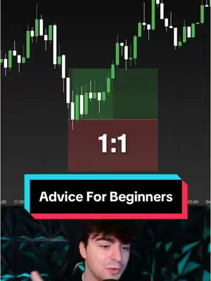 The image shows a man at the bottom, below a combination of a stock chart, a green and red box with the text "1:1", and a black banner with the text "Advice For Beginners". The man is looking at the camera and talking. The color palette includes greens, reds, black, and white.