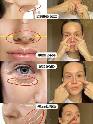 A collage-style image showcasing a woman's face with different areas highlighted for face yoga exercises. The image is divided into sections, each demonstrating a specific exercise (like the double chin, slim nose, eye bags, and cheek lift). The photo includes the woman's face and different overlays or diagrams such as red circles.