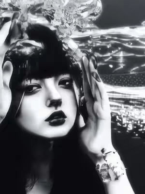 A black and white image of a woman's face, set against a blurred, stylized background. The woman has dark bangs, dark bold lipstick, and is holding her hands up near her face. She is wearing a detailed bracelet on one wrist, and her expression is intense.
