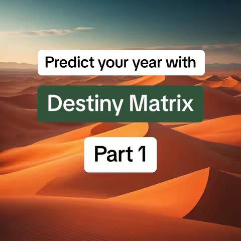 The cover image displays a desert landscape with sand dunes under a blue sky. Overlayed are text boxes. The top one states "Predict your year with" in white, the middle one says "Destiny Matrix" in dark green, and the bottom one says "Part 1" in white.