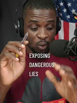 A man wearing headphones holds a pen with a serious expression, with text overlayed. The background includes an American flag and a microphone.